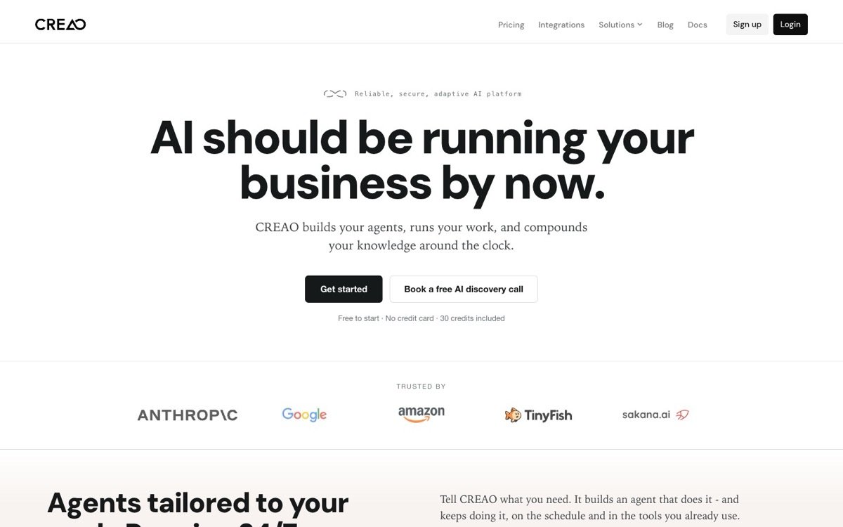 Página inicial do Creao AI: « AI should be running your business by now »