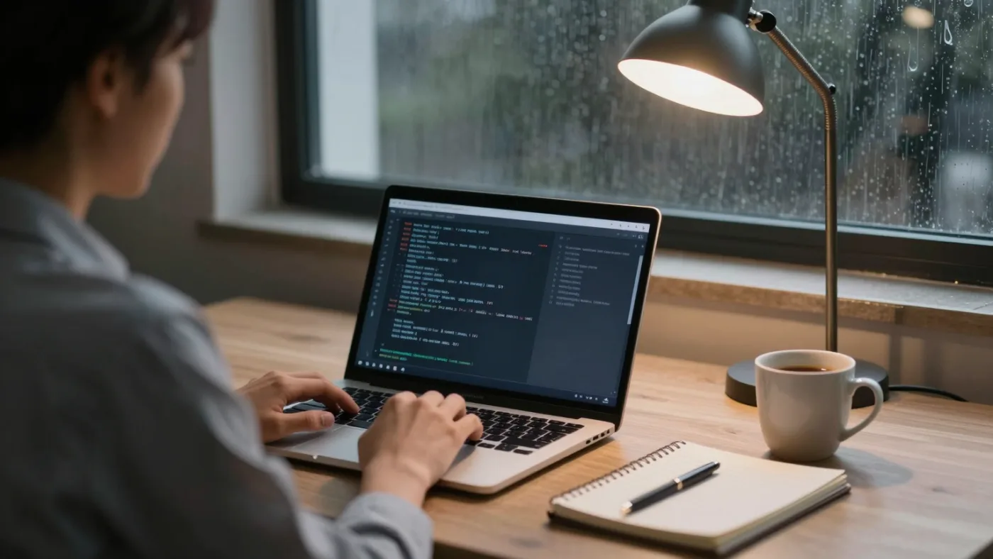 Consultor trabalhando à noite em um notebook que exibe um terminal, com luminária de mesa e caderno