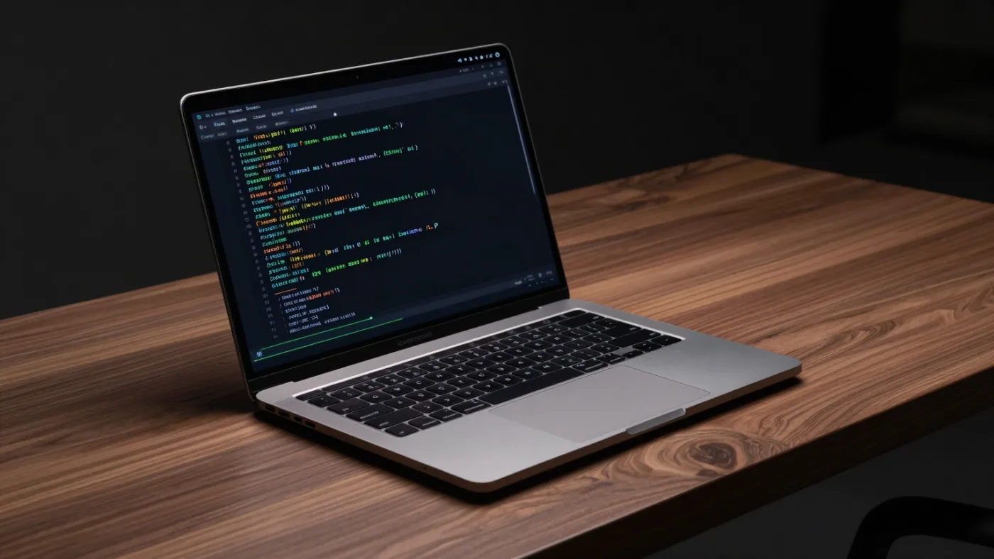 MacBook Pro aberto em uma mesa escura, terminal exibindo geração de texto em andamento